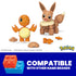 Mega Pokémon Charmander and Eevee block figures with extra parts, shown above text noting compatibility with other name brand building blocks, placed on blue promotional background.