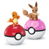 Mega Pokémon Charmander and Eevee toy figures shown perched on top of matching Poké Ball cases, one red and one pink, highlighting display compatibility and playful collectible design.