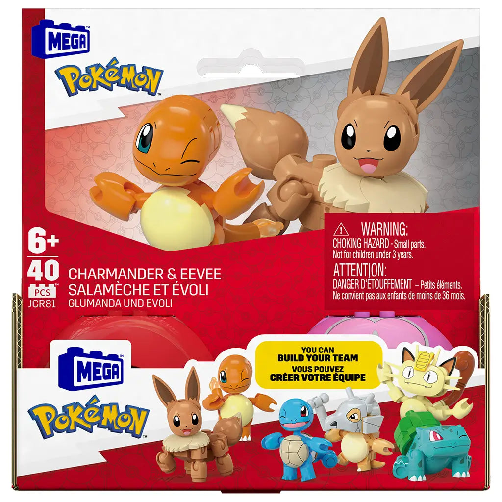 Front packaging of Mega Pokémon Charmander and Eevee building set, red box with clear product images, branding logos, bilingual labels, and included figures displayed for ages six and up.