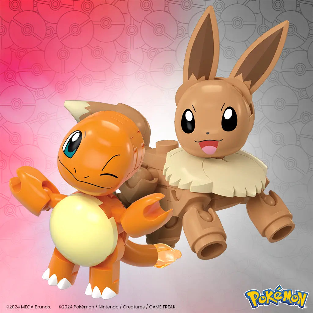 Close-up of Mega Pokémon Charmander and Eevee figures, colorful block-style toys with orange fire lizard Charmander and brown fox-like Eevee against gradient pink and gray Poké Ball backdrop.
