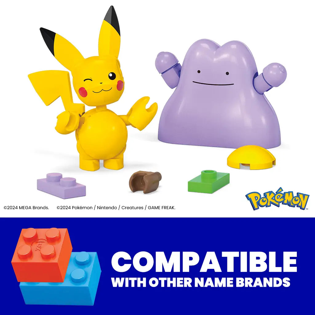 Mega Pokémon Pikachu and Ditto toy figures with additional block pieces, displayed on a white background with Pokémon logo and note that parts are compatible with other name brands.