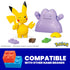 Mega Pokémon Pikachu and Ditto toy figures with additional block pieces, displayed on a white background with Pokémon logo and note that parts are compatible with other name brands.