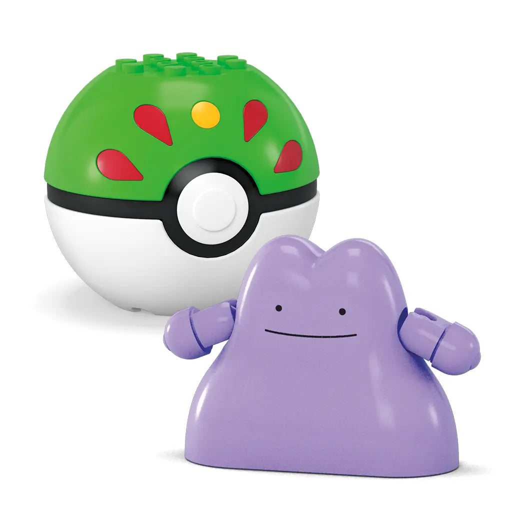 Mega Pokémon building toy featuring Ditto in smooth purple plastic with simple facial details, paired with a green and white Poké Ball patterned with red and yellow accents.