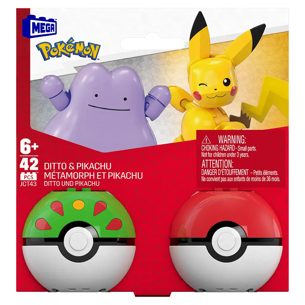 Front packaging of Mega Pokémon Ditto and Pikachu set showing both figures with Poké Balls, labeled for ages 6+, 42 pieces, and highlighting colorful branding with safety warnings.