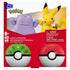 Front packaging of Mega Pokémon Ditto and Pikachu set showing both figures with Poké Balls, labeled for ages 6+, 42 pieces, and highlighting colorful branding with safety warnings.