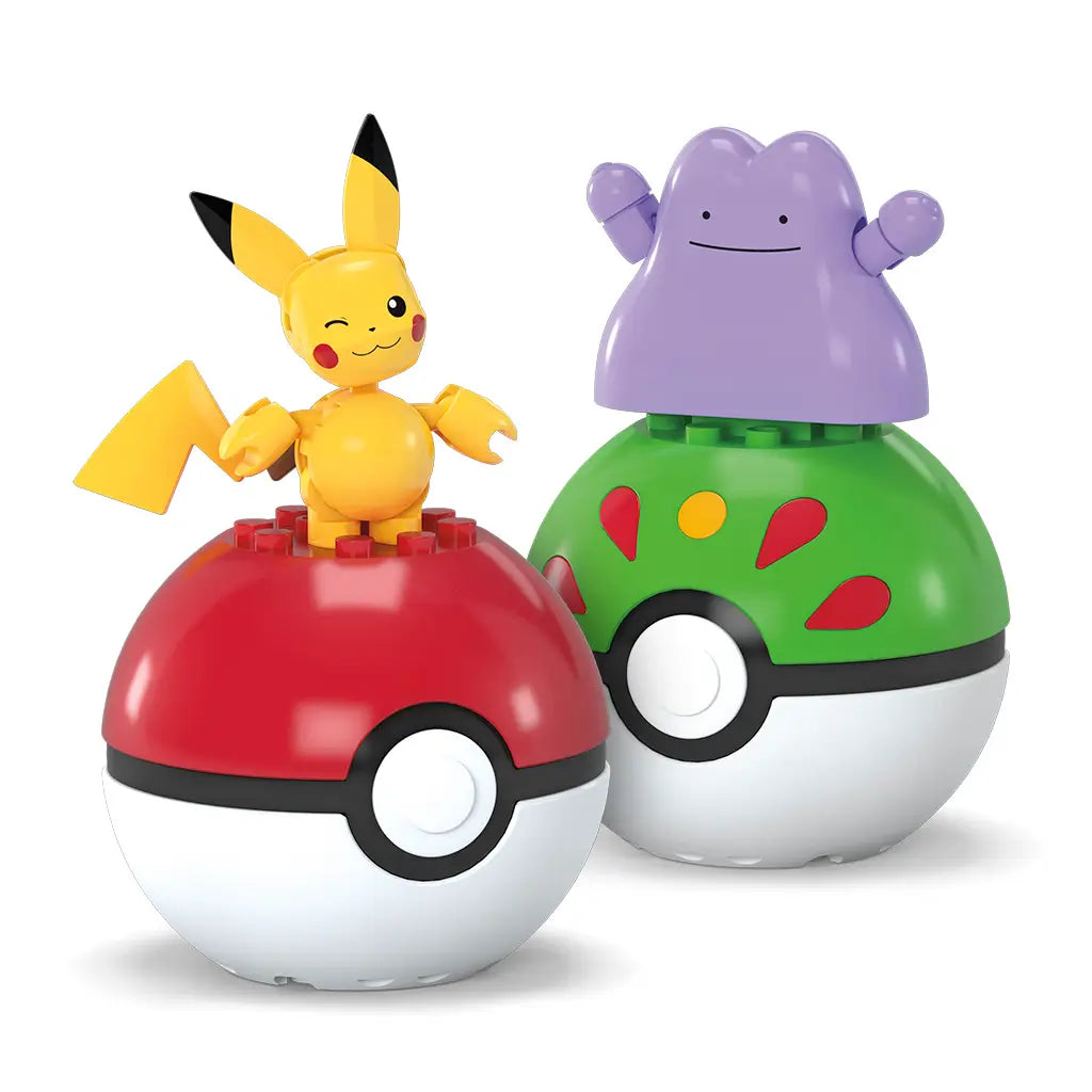 Mega Pokémon Pikachu in bright yellow and Ditto in lavender purple posed on top of green and red Poké Ball halves, highlighting the fun collectible toy design.