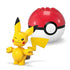 Mega Pokémon Pikachu toy figure in bright yellow with black-tipped ears, winking expression, and lightning-bolt tail, displayed with a classic red and white Poké Ball building piece.