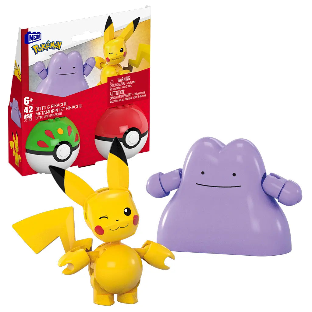 Mega Pokémon building set with Pikachu and Ditto figures posed alongside red and green Poké Balls, shown outside the packaging for clear view of included toy components.
