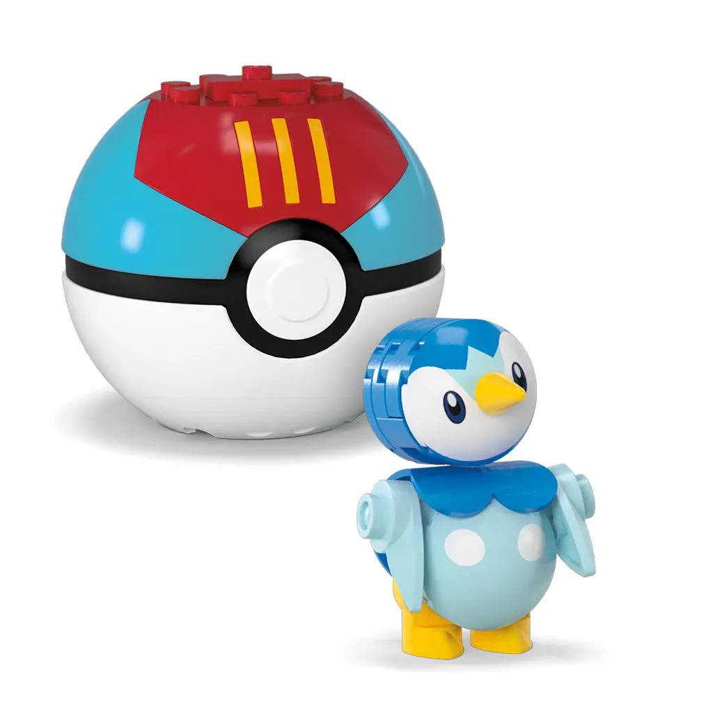 Mega Pokémon building toy of Piplup, a blue penguin figure with round body and yellow beak, shown next to a red and aqua Poké Ball with block connector on a plain white background.