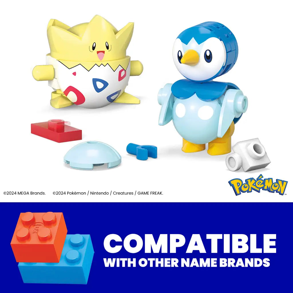 Mega Pokémon building set featuring colorful plastic figures of Togepi and Piplup, shown with compatible interlocking bricks in red, blue, and white pieces on a white background.