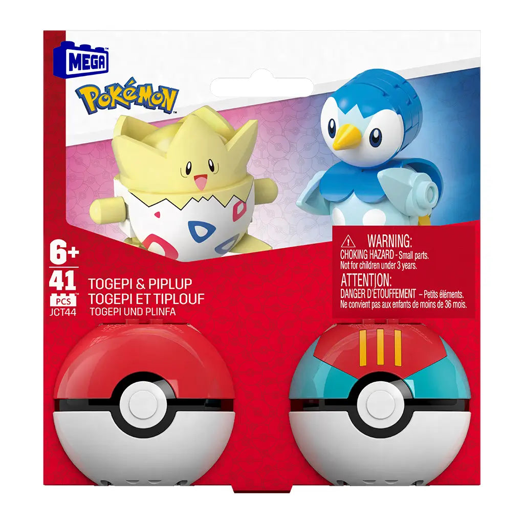 Front view of Mega Pokémon Togepi and Piplup building set package, with bright red background, character images, age recommendation, Poké Balls, and safety warning label in English and French.