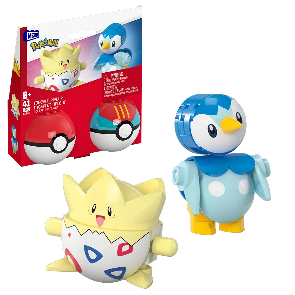 Mega Pokémon building set display showing boxed packaging of Togepi and Piplup with Poké Balls, alongside assembled yellow and blue figures placed against a clean white background.