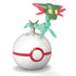 Mega Pokémon Dreepy figure posed atop a white Poké Ball with red band, showcasing green segmented body, yellow eyes, and red ear-like fins in a playful stance.