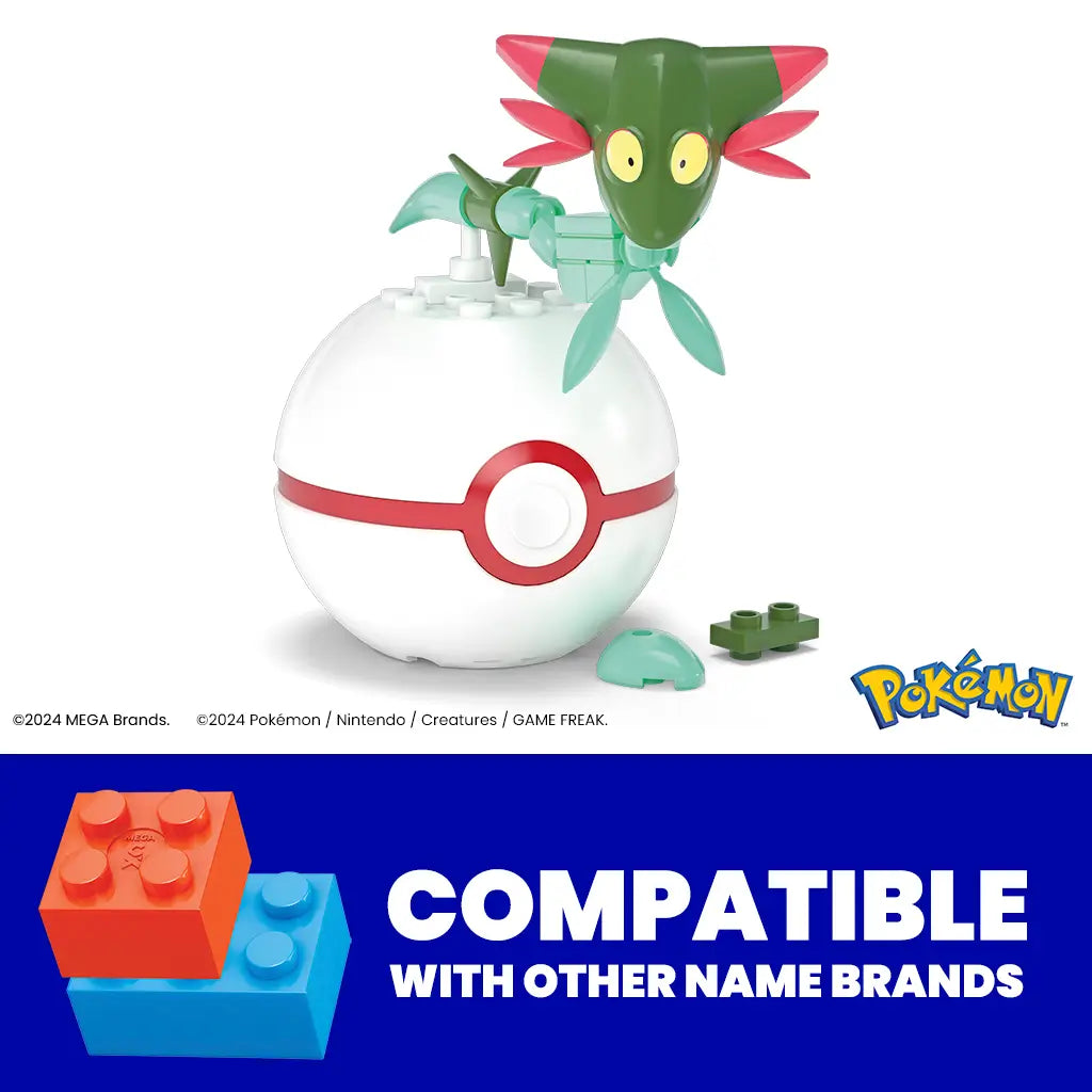Mega Pokémon Dreepy figure on white Poké Ball with red band, accompanied by extra green bricks, highlighting compatibility with other major building block brands.