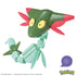 Close-up of assembled Mega Pokémon Dreepy figure, showing green segmented body, large yellow eyes, and red fins on head in a playful pose. This Mega Construx building set includes 21 pieces for creative play, recommended for Pokémon fans ages six and older.