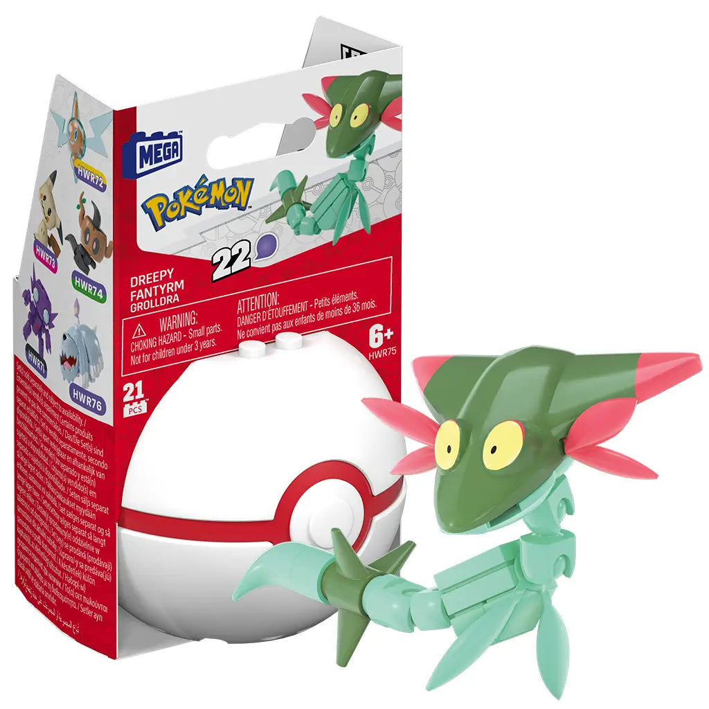 Mega Pokémon Dreepy building set shown with packaging and assembled figure, featuring a white Poké Ball with red band and green ghost-dragon Pokémon on a display base.