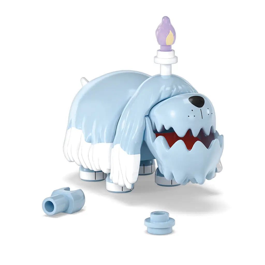 Mega Pokémon Greavard building set pieces laid out, featuring light blue ghost-dog Pokémon body with white fur accents and small detachable brick accessories.
