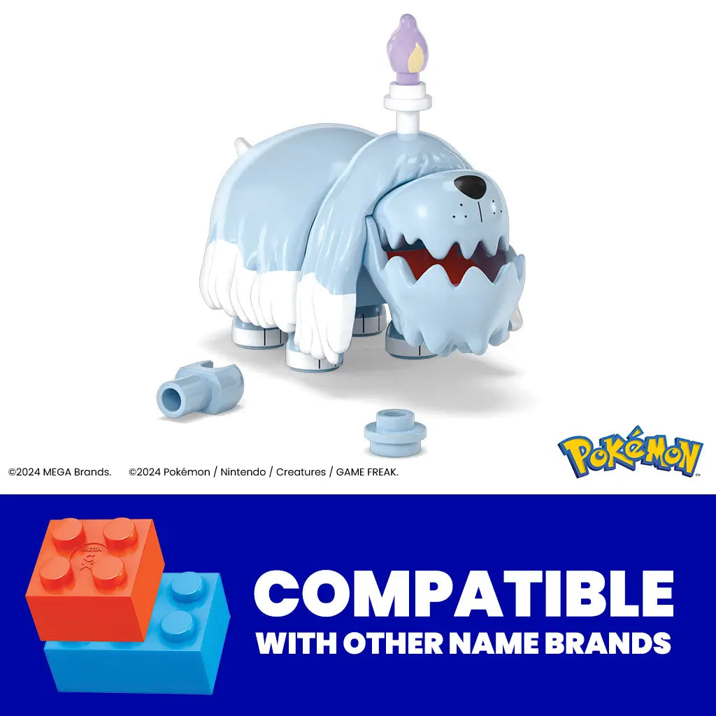Mega Pokémon Greavard figure with light blue body, white fur legs, and purple candle flame on head shown alongside extra bricks, highlighting compatibility with other brands.