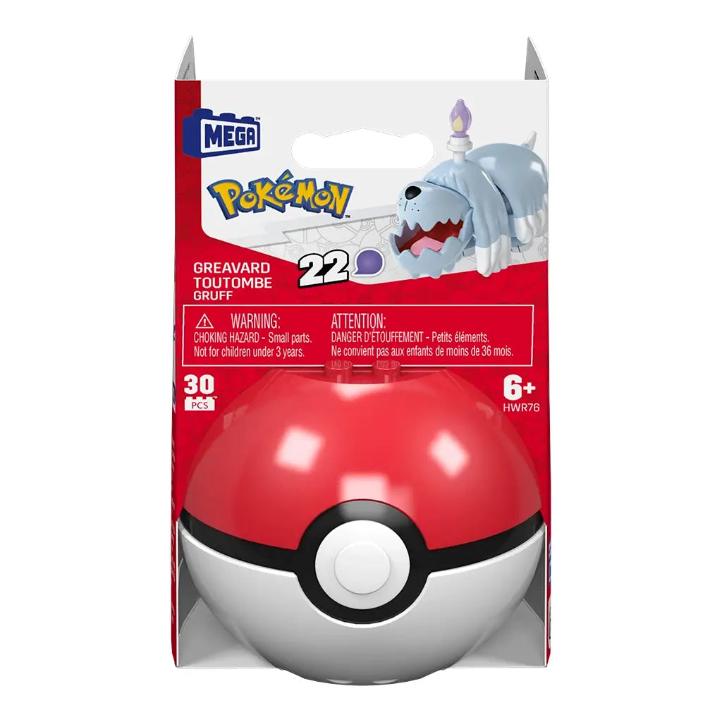 Retail packaging for Mega Pokémon Greavard building set, showing red and white Poké Ball and illustration of light blue ghost-dog Pokémon with white fur and candle flame on head.