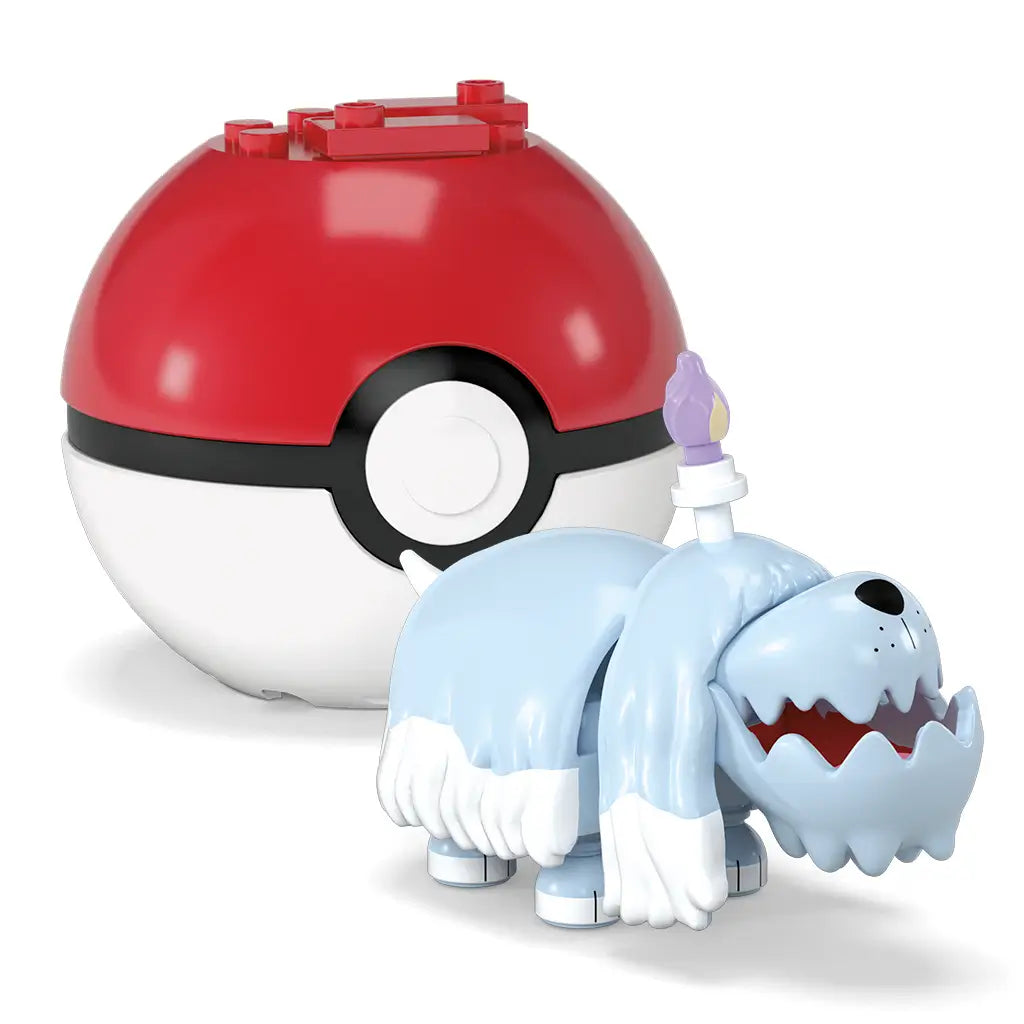 Mega Pokémon Greavard building set with packaging and assembled figure, featuring red and white Poké Ball and light blue ghost-dog Pokémon with candle flame.