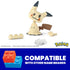 Close-up of Mega Pokémon Mimikyu building set pieces, showing beige and brown bricks forming the ghost Pokémon figure, with compatibility statement for other brands.