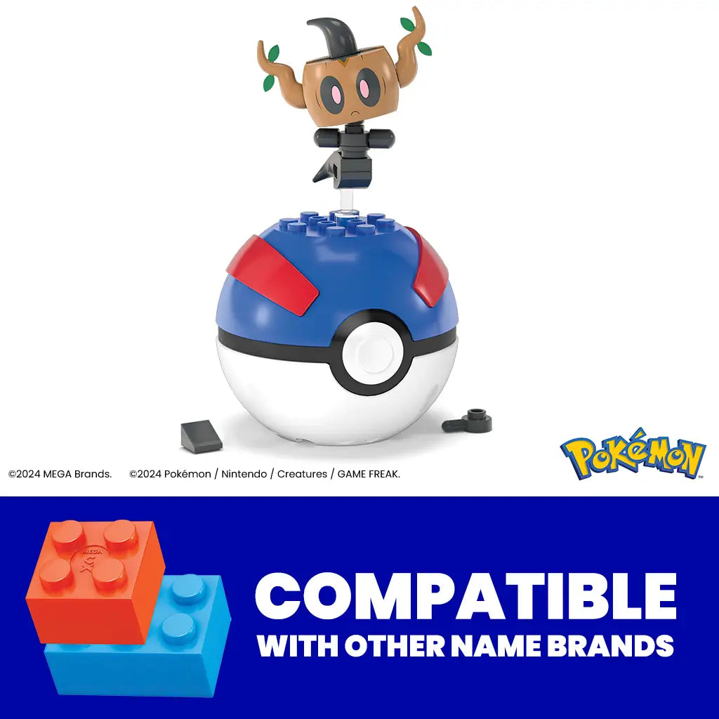 Mega Pokémon Phantump figure displayed atop blue-and-red Great Ball building block case, with text indicating compatibility with other name brand brick building sets for expanded play options.