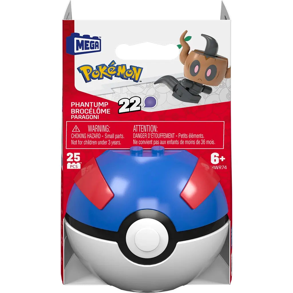 Front packaging of Mega Pokémon Phantump building set, showing Great Ball container and illustrated Phantump figure with brown wood-textured head, black body, and green leaf accents.