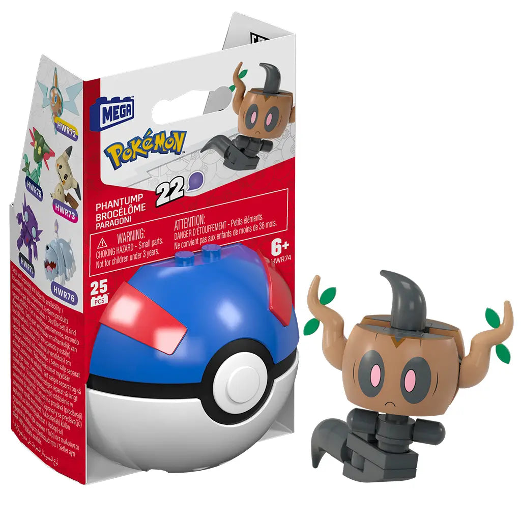 Mega Pokémon Phantump building set with blue and red Great Ball case, featuring small interlocking bricks to create poseable brown-and-black ghost Pokémon figure with green leaf details.