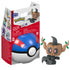 Mega Pokémon Phantump building set with blue and red Great Ball case, featuring small interlocking bricks to create poseable brown-and-black ghost Pokémon figure with green leaf details.