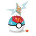 Close-up of MEGA Pokémon Rotom figure with translucent blue wings posed above red and blue Poké Ball base, shown with small orange connector piece on white background.
