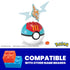 MEGA Pokémon Rotom building set displayed with compatibility note for other name-brand building blocks, featuring translucent winged Rotom atop colorful Poké Ball base.
