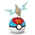 Front view of MEGA Pokémon Rotom figure on red and blue Poké Ball base, featuring lightning-shaped translucent wings and pixel-style smiling face against white background.