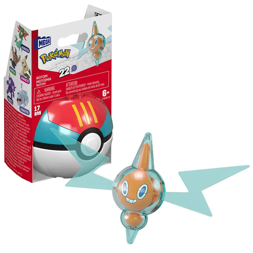 MEGA Pokémon Rotom figure with large blue lightning-shaped wings mounted on red and blue Poké Ball base, displayed separately on plain white background.