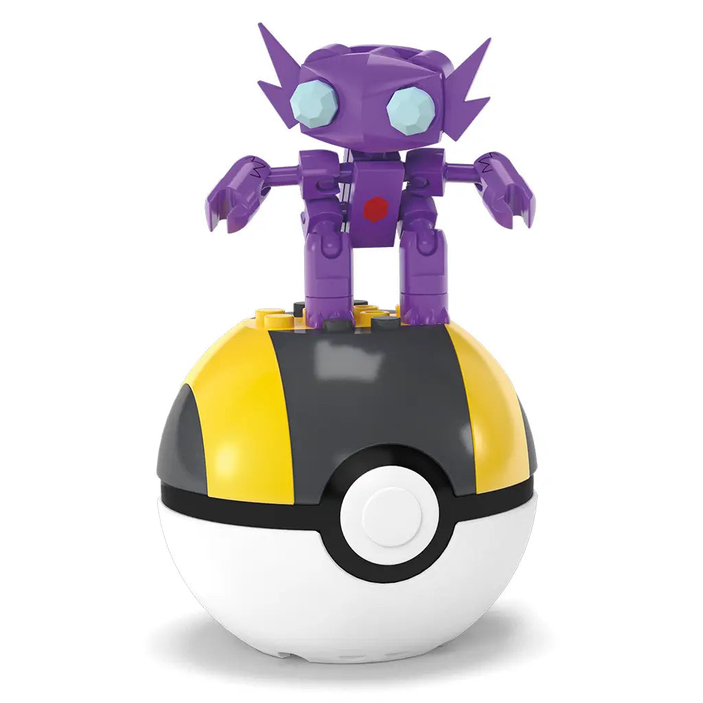 Mega Pokémon Sableye figure standing atop Ultra Ball building set with additional interchangeable block parts, emphasizing build-and-play functionality and customizable poses.