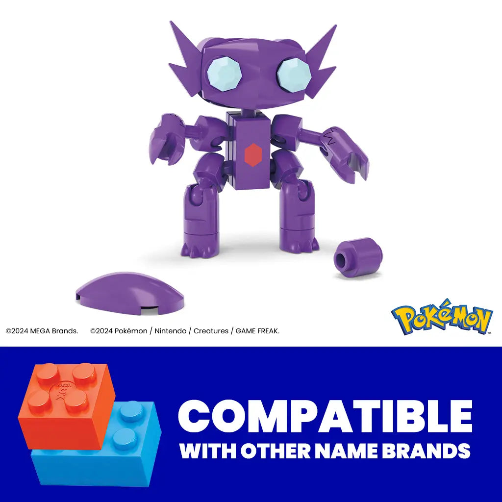 Mega Pokémon Sableye building set displayed with Ultra Ball base and extra block parts, text highlighting compatibility with other name brand brick building systems for extended creativity.