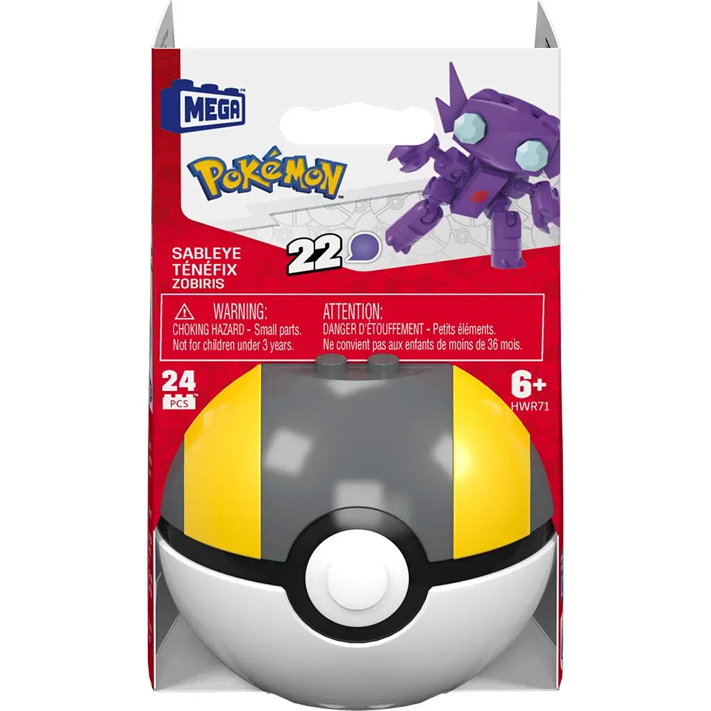 Front packaging of Mega Pokémon Sableye building set showing Ultra Ball container and illustrated Sableye with purple block body, gem-like blue eyes, and red chest gem.