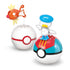 Close-up of Magikarp and Quaxly brick Pokémon figures from the MEGA Water-Type Trainer Team set, each placed on detailed Poké Ball stands with bold red and blue designs.