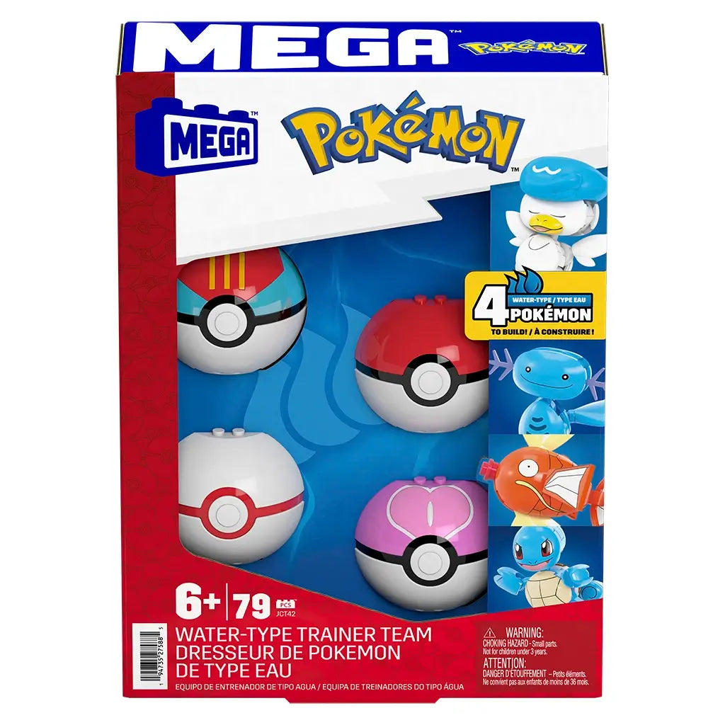 Front view of the MEGA Pokémon Water-Type Trainer Team packaging, featuring four collectible Poké Balls and character art for Squirtle, Quaxly, Magikarp, and Wooper on a blue and red background.