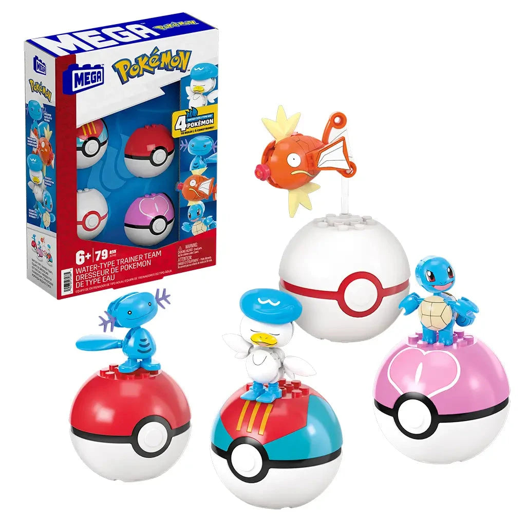 Full display of the MEGA Pokémon Water-Type Trainer Team set, including four Pokémon figures—Squirtle, Quaxly, Wooper, and Magikarp—on top of Poké Balls, with the packaging box shown in the background.