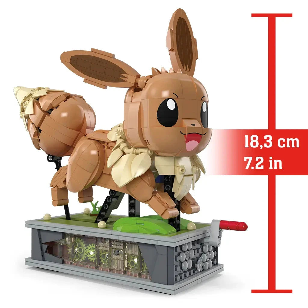 Brown Mega Pokémon Eevee building set model measuring 18.3 cm or 7.2 inches tall, standing on a gray floral-patterned display base with visible gears.