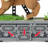 Close-up of Mega Pokémon Eevee base showing interchangeable gray nameplates labeled Évoli, イーブイ, Eevee, and Evoli in different languages.