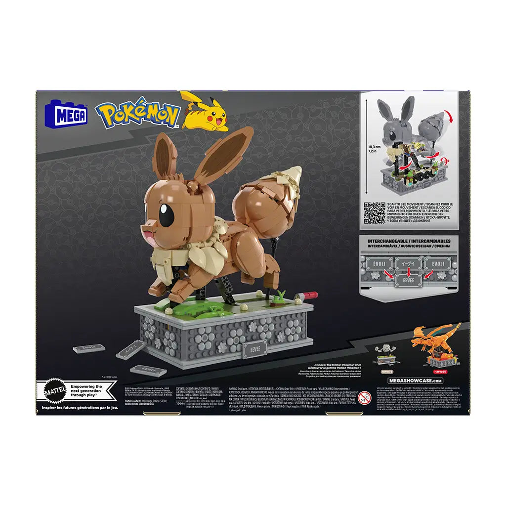 Back of Mega Pokémon Eevee set packaging with images of motion mechanism, interchangeable nameplates, and promotional Charizard set preview.