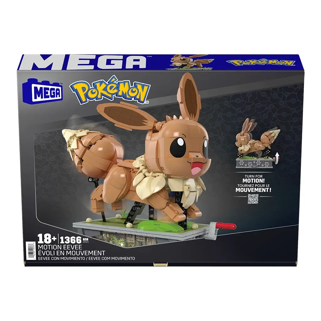 Front of Mega Pokémon Eevee set packaging showing animated display model with motion feature and piece count, set against a dark background.