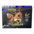 Front of Mega Pokémon Eevee set packaging showing animated display model with motion feature and piece count, set against a dark background.