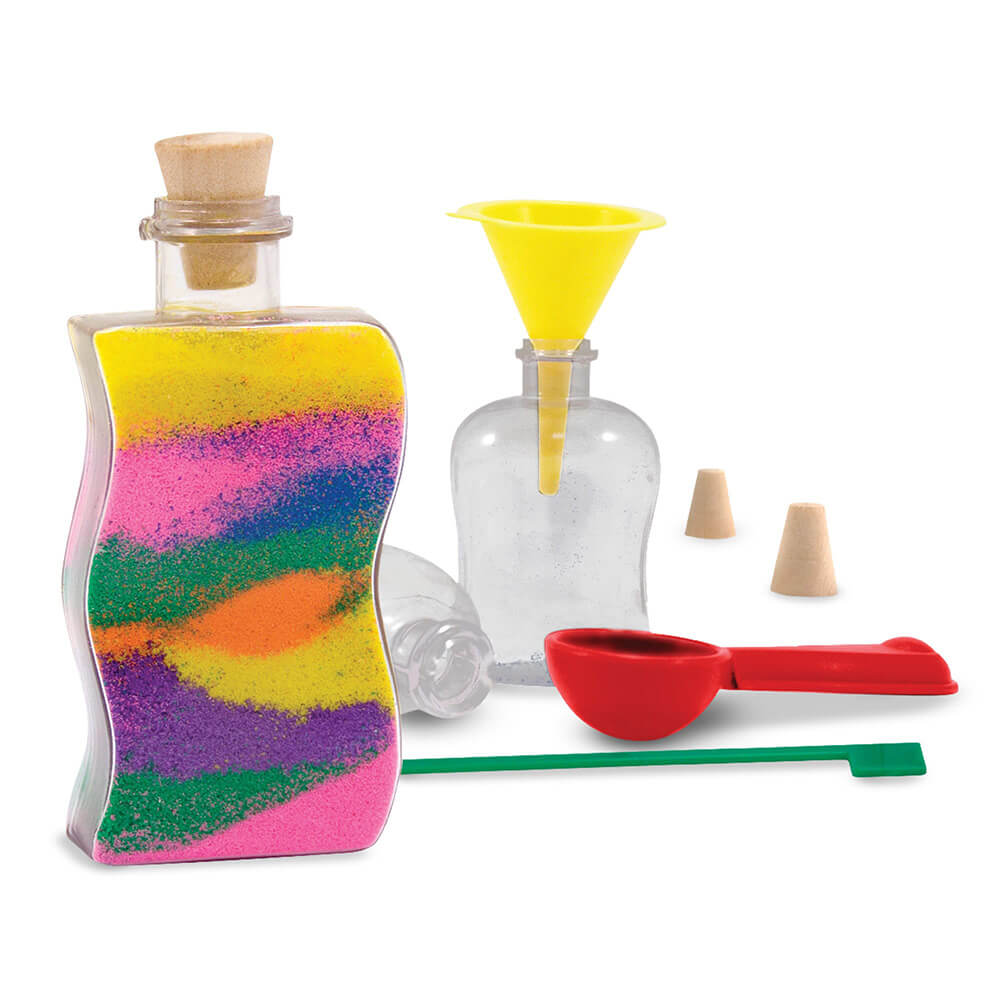 Melissa and Doug Created by Me! Sand Art Bottles Craft Kit parts of the kit taken out of the packaging including bottles, funnel, bottle stopers, mixer and spoon