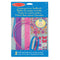 Melissa & Doug design-your-own headbands kit featuring bright pink plastic bands, glittery foam strips, and colorful adhesive stickers for kids’ craft play, shown neatly arranged inside retail packaging.