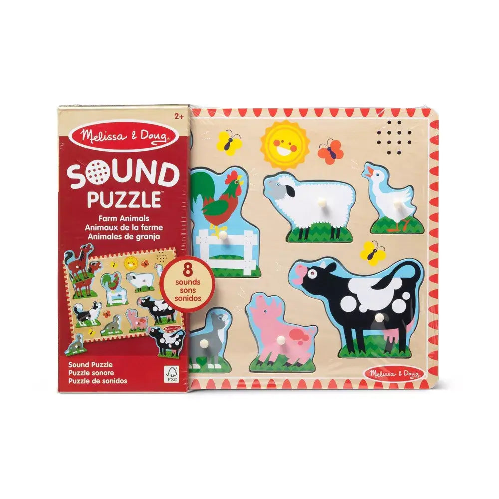 Front image of packaging Melissa and Doug Farm Animals 8 Piece Sound Puzzle