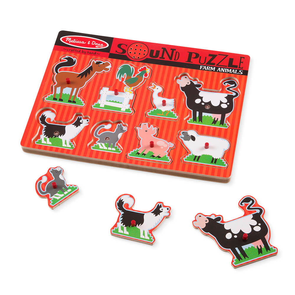 Melissa and Doug Farm Animals 8 Piece Sound Puzzle with the cat, dog and cow pieces removed