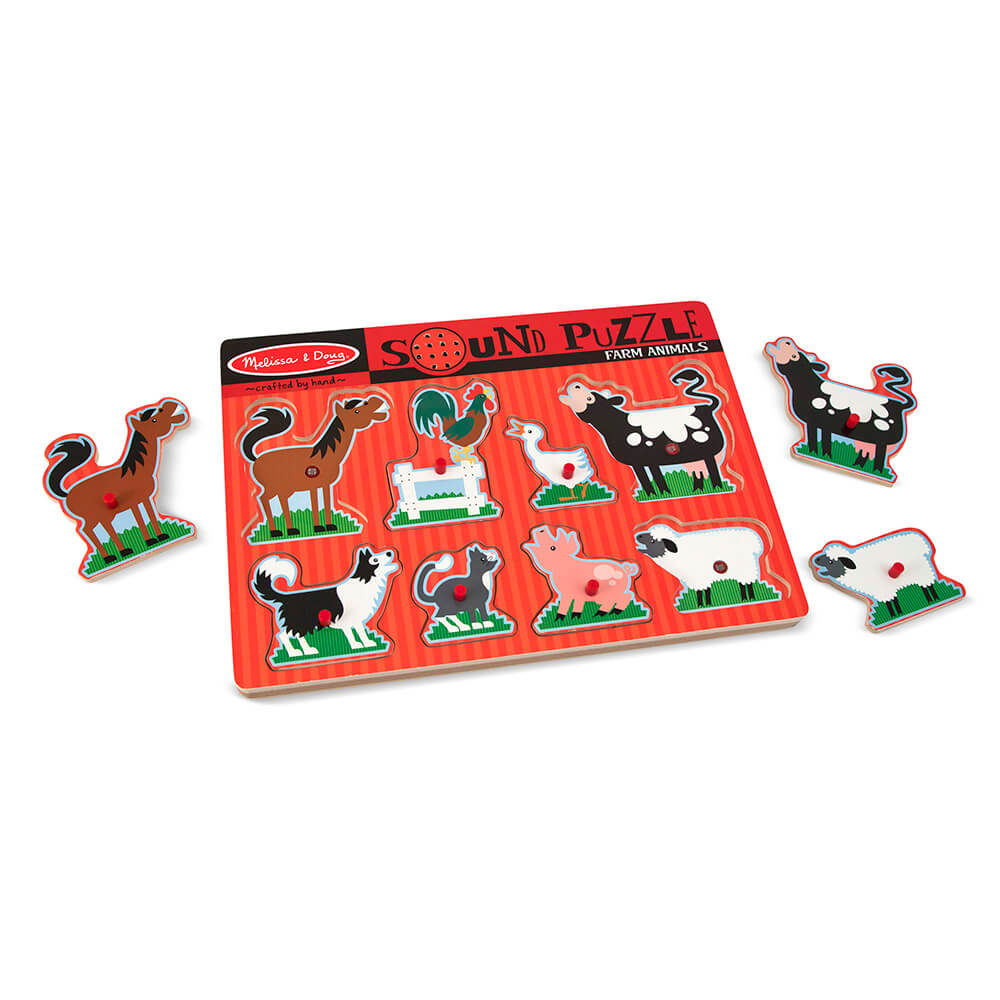 Melissa and Doug Farm Animals 8 Piece Sound Puzzle with the horse, cow and sheep pieces removed