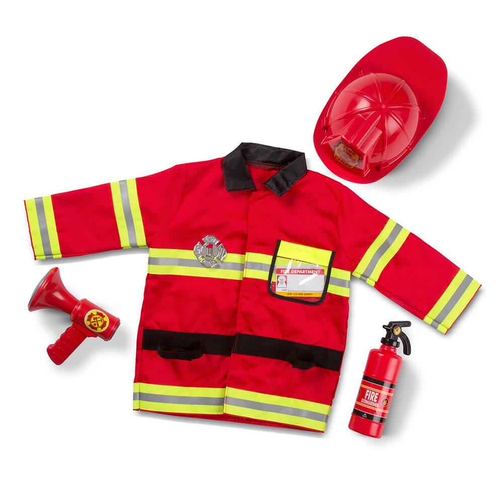 Melissa and Doug Fire Chief Role Play Costume Set comes with bullhorn, badge, fire helmet, fire extinguisher, costume, and more.